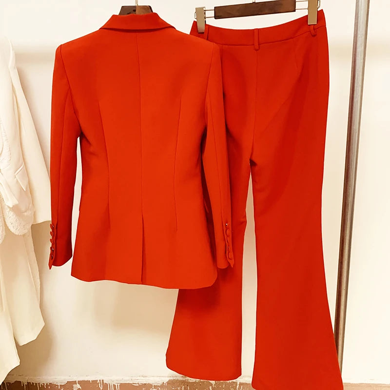 Ensemble de costume blazer de créateur de haute qualité pour femme, blazer rouge à bouton unique, pantalon évasé