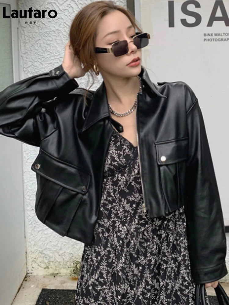 Lautaro Spring Short Brown Casual Faux Leather Jackets for Women Drop Shoulder Long Sleeve Pockets Zipper Cool Corp Top 2022