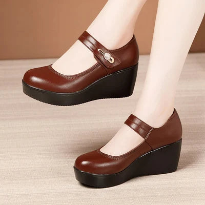 GKTINOO 2024 Spring Leather Shoes Women Platform Wedges Shoe High Heels Round Toe Comfortable Black Women Pumps Large Size 33-43