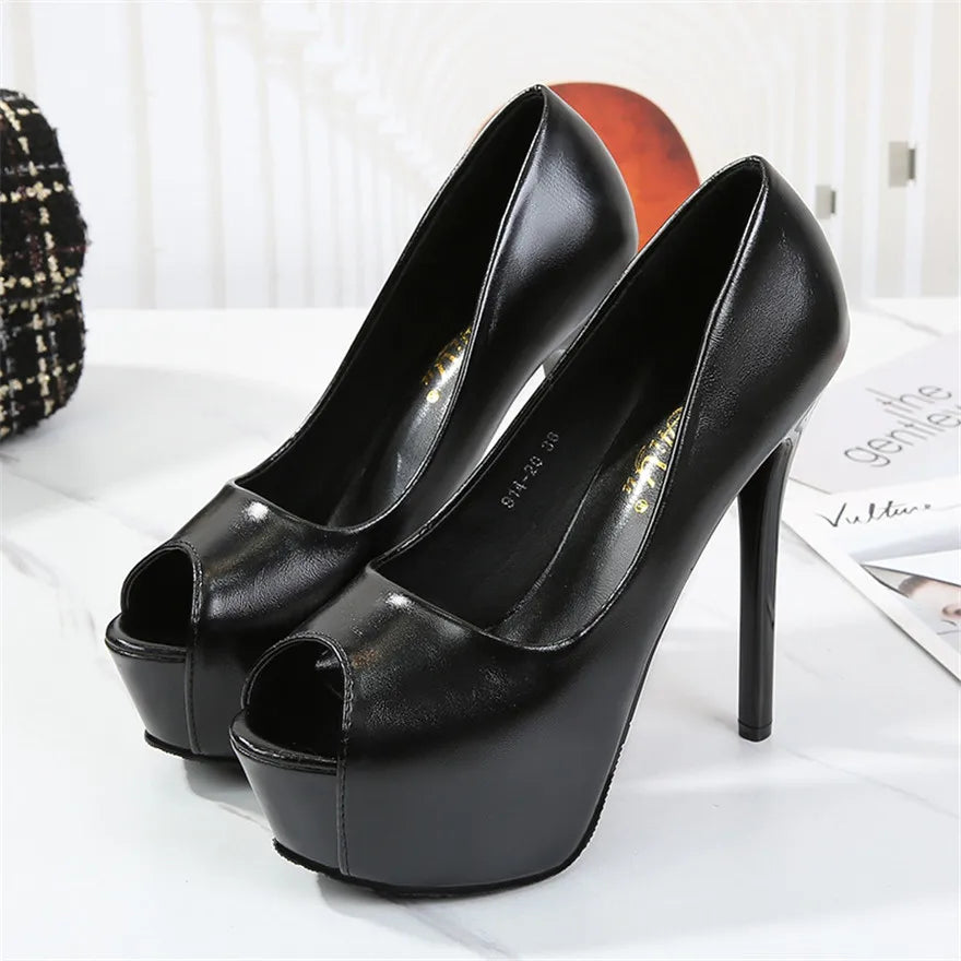 10/12/14cm Super Haut Talons Femmes Mode Chaussures En Cuir Printemps Automne Peep Toe Plateforme Fête Nude Noir Bureau Robe Pompes Femme