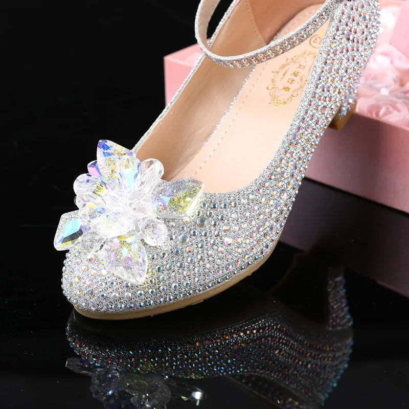 Princess Girls Party Shoes Children Sandals Sequins High Heels Shoes Diamonds Girls Sandals Peep Toe crystal Kids dress Shoes