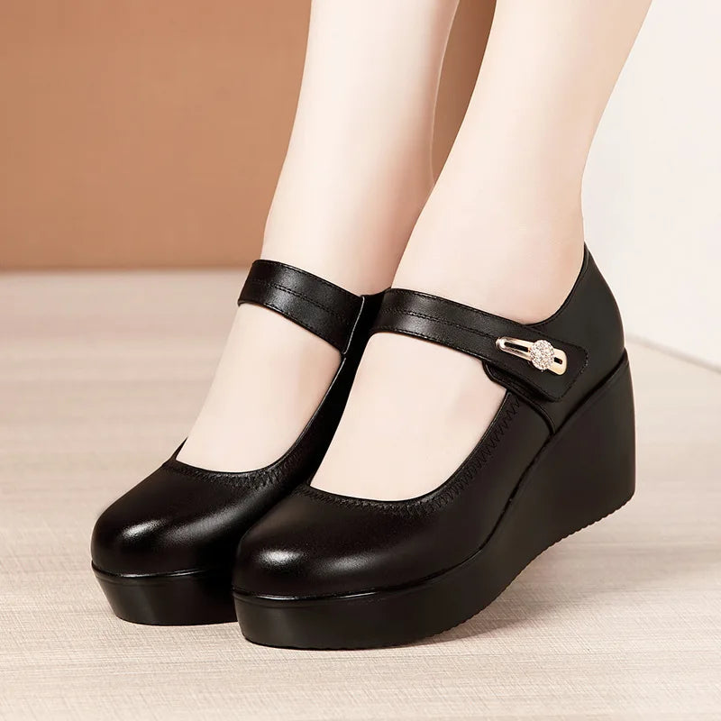 GKTINOO 2024 Spring Leather Shoes Women Platform Wedges Shoe High Heels Round Toe Comfortable Black Women Pumps Large Size 33-43