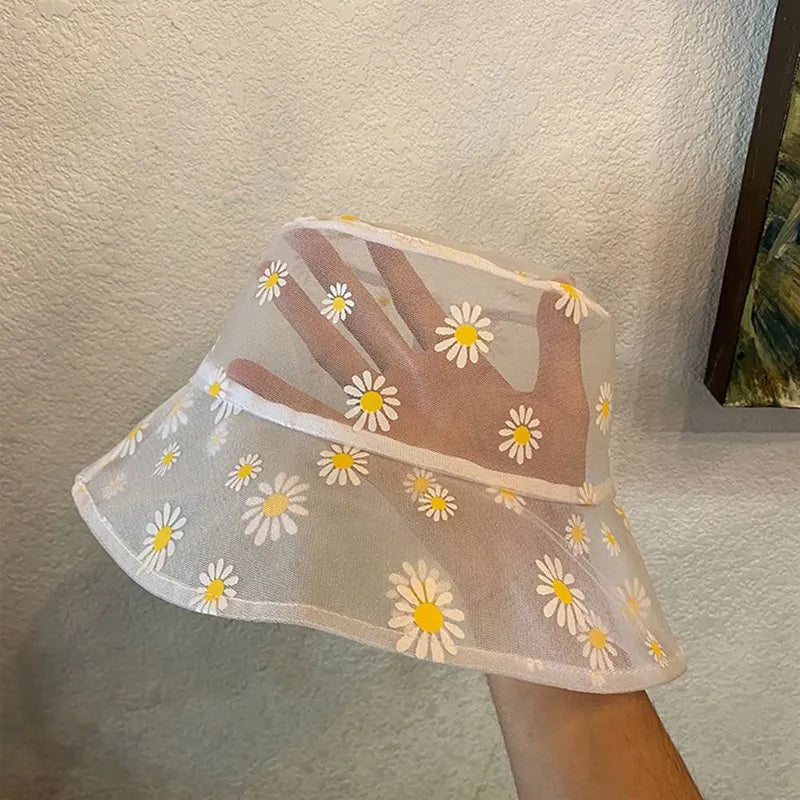 Daisies Embroidered Buckets Hat Women Transparent Lace Flower Beach Panama Hats High Top Snapback Fashion Daisy Sun Cap Summer