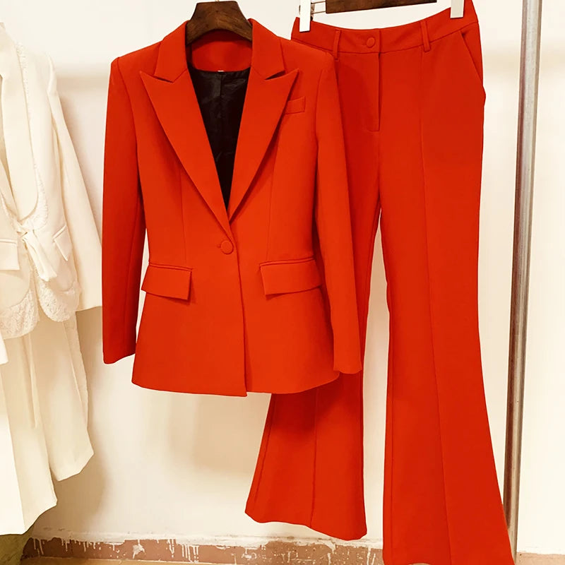 Ensemble de costume blazer de créateur de haute qualité pour femme, blazer rouge à bouton unique, pantalon évasé