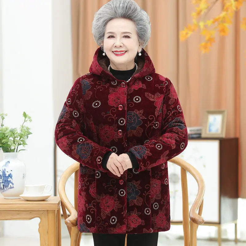 Grandma Wear Cotton-Padded Coat Middle-Aged Elderly Mother Winter Clothes Women Parkas Plus Velvet Thick Quilted Jacket XL-5XL