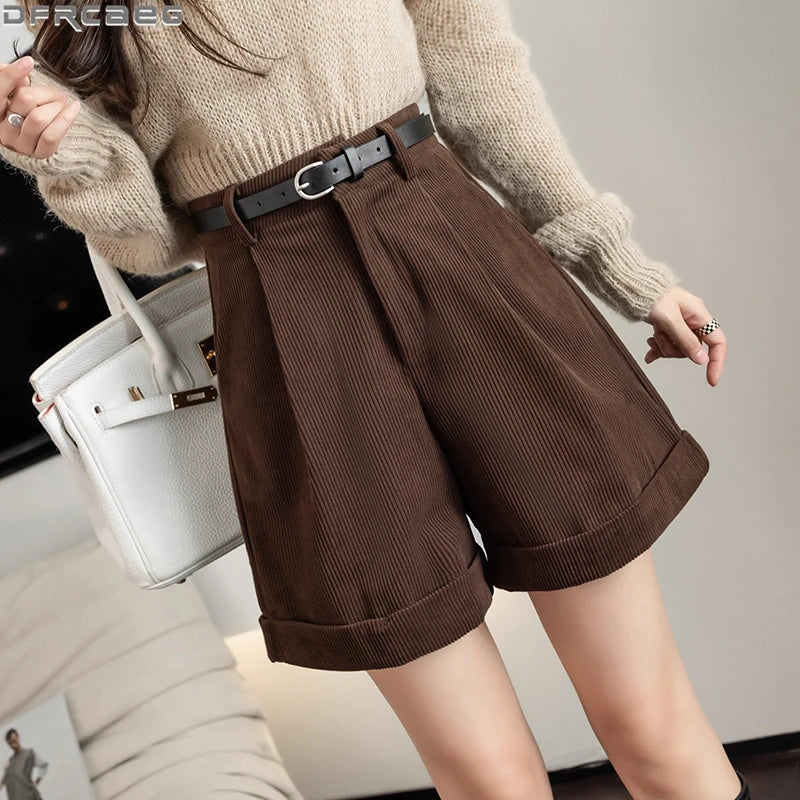 Streetwear Winter Corduroy Shorts Women Casual Loose Wide Leg Woolen Shorts With Belt High Waist Short Femme Black Khaki Brown