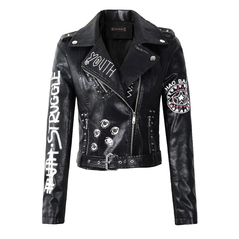 FMFSSOM Spring  Women Faux Leather Jacket Turn-Down Collar Letter Print Epaulet Rivet Zipper lady letter vintage Biker Outerwear