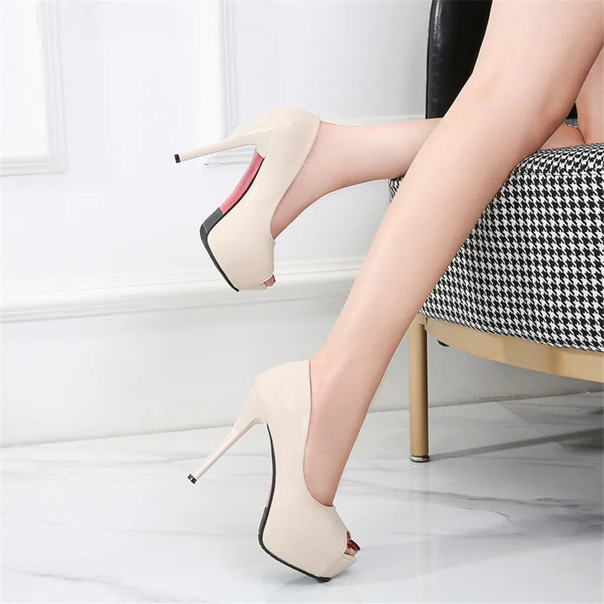 10/12/14cm Super Haut Talons Femmes Mode Chaussures En Cuir Printemps Automne Peep Toe Plateforme Fête Nude Noir Bureau Robe Pompes Femme