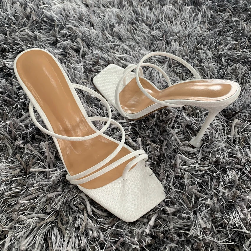 Summer Women Pumps Sexy snake print Slippers Sandals Shoes Woman Thin High Heels Square Toe Sandal Lady Pump Shoes Mules