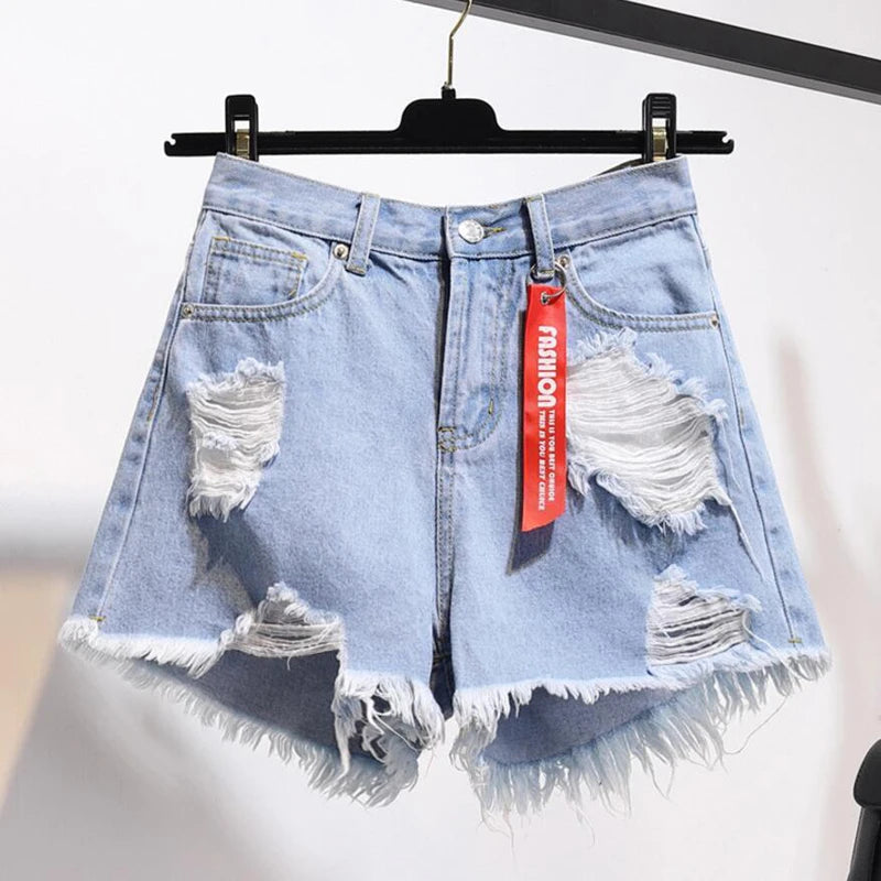 Zoki Short en jean déchiré grande taille pour femme, jean d'été à pompons, taille haute, noir, vieilli, mode coréenne, pur coton, streetwear