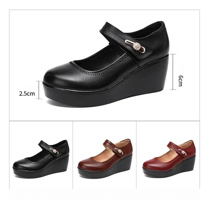 GKTINOO 2024 Spring Leather Shoes Women Platform Wedges Shoe High Heels Round Toe Comfortable Black Women Pumps Large Size 33-43