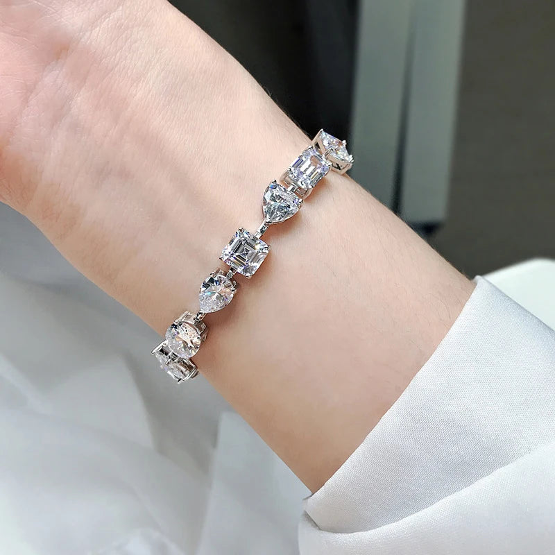 OEVAS 100% 925 Sterling Silver Full High Carbon Diamond Different Shape Bracelet For Women Sparkling Wedding Party Fine Jewelry