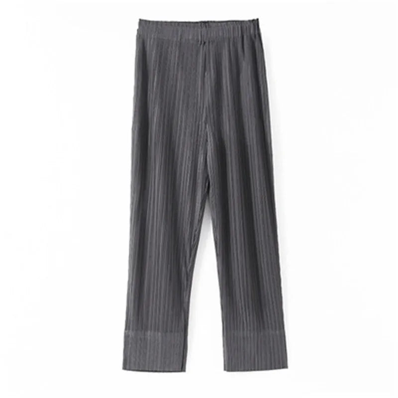 Miyake pleated fashion new cropped trousers, solid color, large size, slim fit, urban casual pants, split pants, women's pants