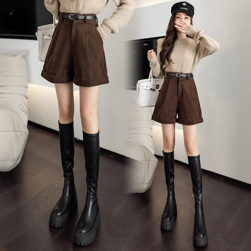 Streetwear Winter Corduroy Shorts Women Casual Loose Wide Leg Woolen Shorts With Belt High Waist Short Femme Black Khaki Brown