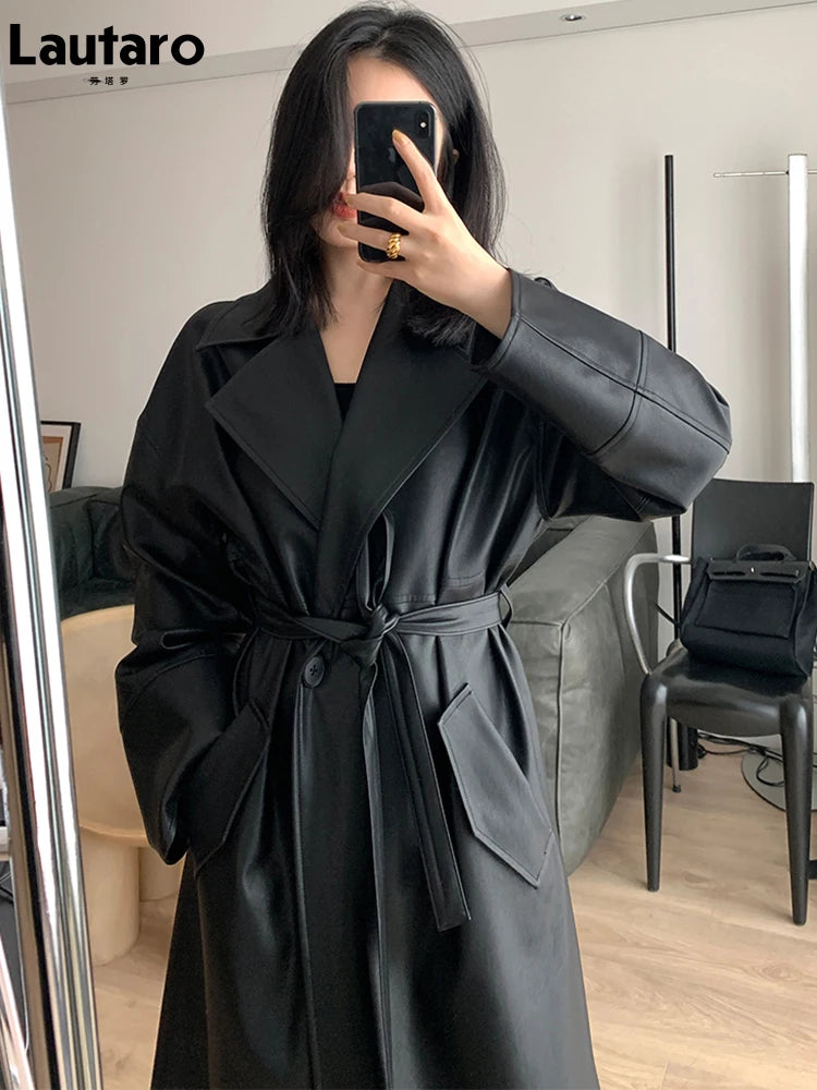 Lautaro-Long Black Leather Trench Coat for Women, Oversized Sashes, Single Button, Loose Stylish, Korean Fashion, Spring