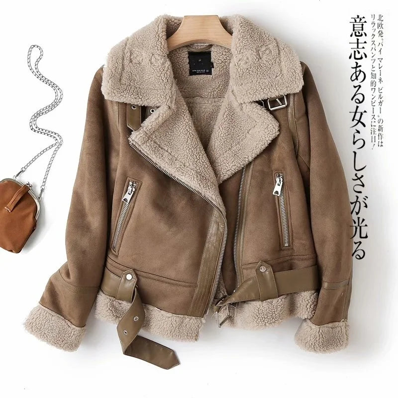 Women Winter Faux Shearling Sheepskin Fake Leather Jackets Lady Thick Warm Suede Lambs Motorcycle Brown Coats Mujer Chaqueta