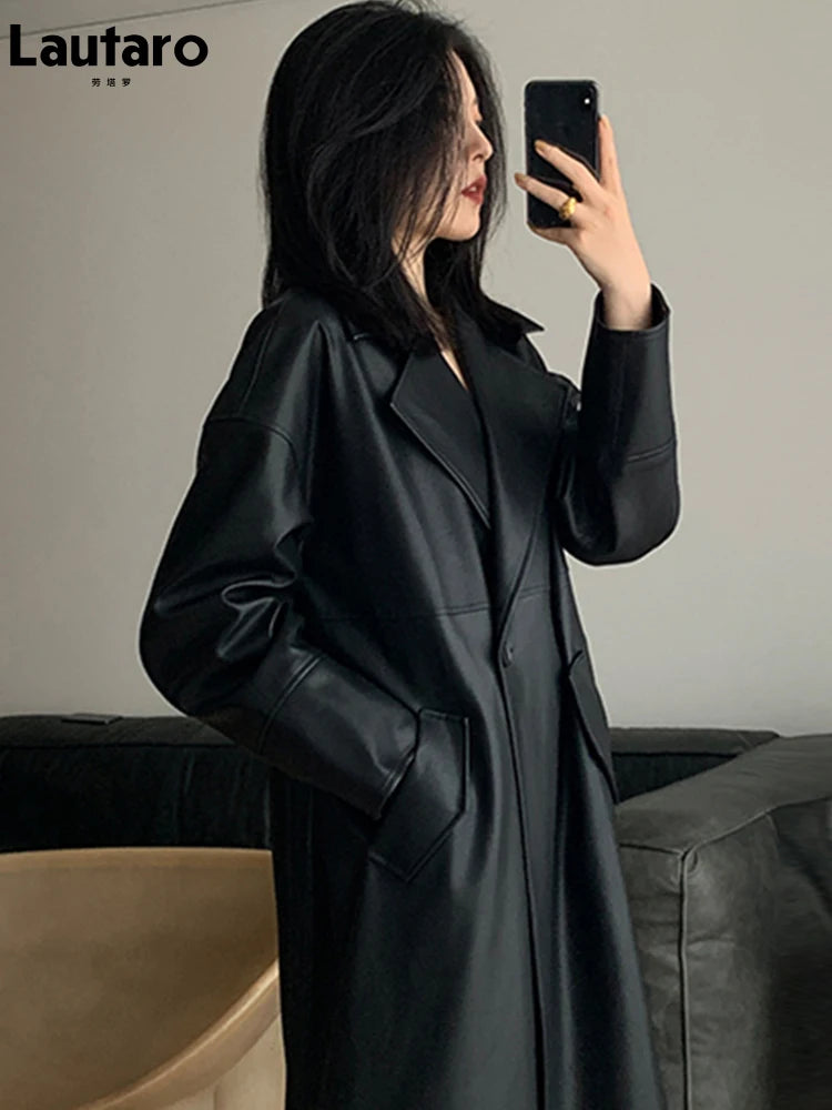 Lautaro-Long Black Leather Trench Coat for Women, Oversized Sashes, Single Button, Loose Stylish, Korean Fashion, Spring