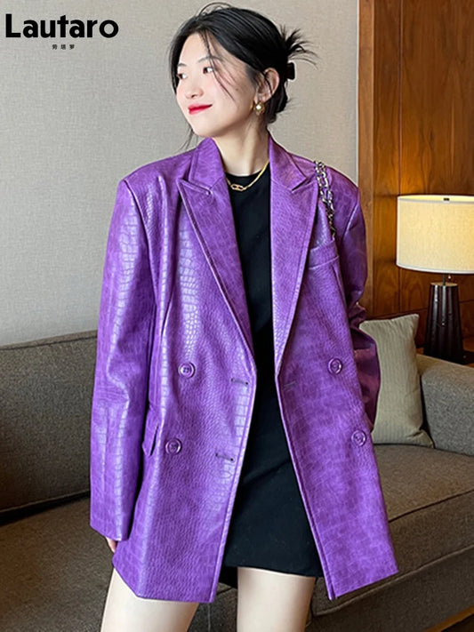 Lautaro Autumn Oversized Shiny Purple Crocodile Pattern Faux Leather Blazer Women Long Sleeve Double Breasted Y2K Jacket Fashion