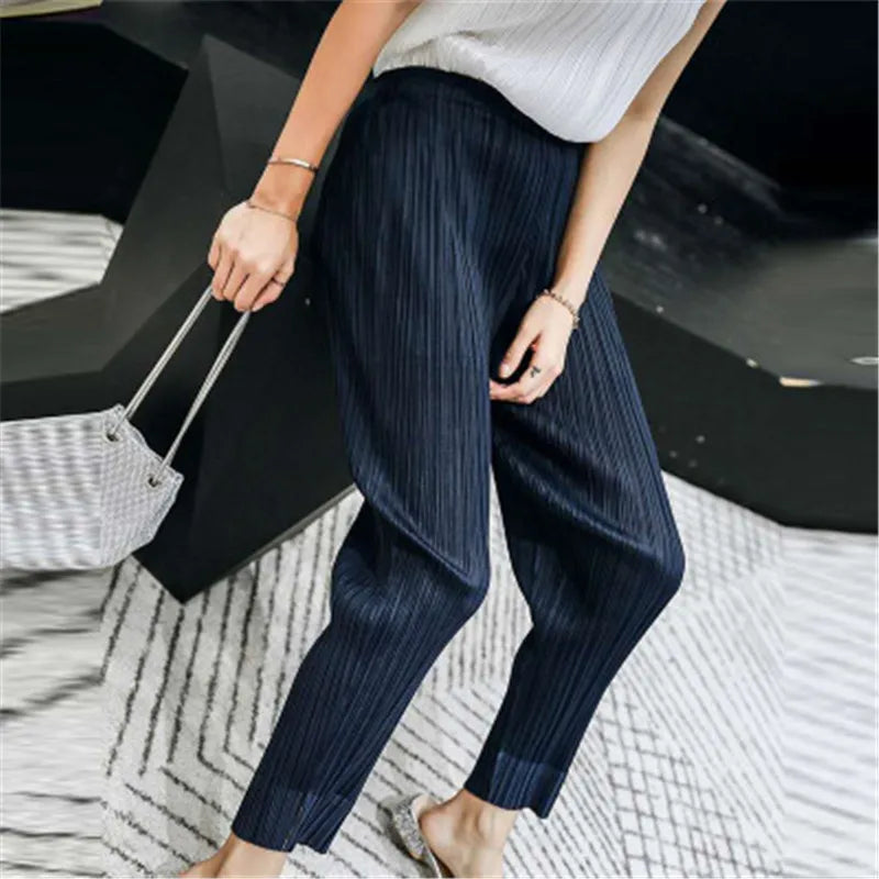 Miyake pleated fashion new cropped trousers, solid color, large size, slim fit, urban casual pants, split pants, women's pants