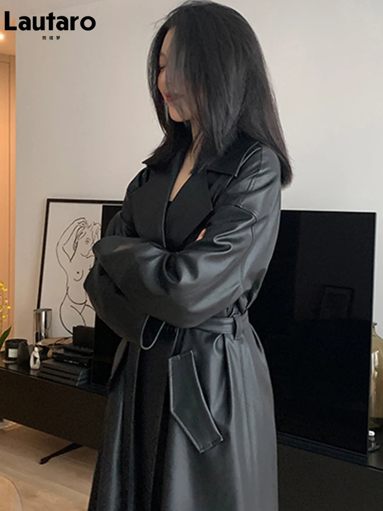 Lautaro-Long Black Leather Trench Coat for Women, Oversized Sashes, Single Button, Loose Stylish, Korean Fashion, Spring