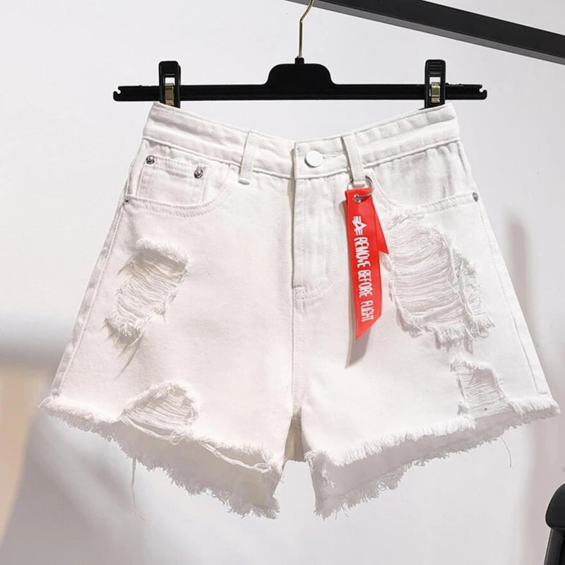 Zoki Short en jean déchiré grande taille pour femme, jean d'été à pompons, taille haute, noir, vieilli, mode coréenne, pur coton, streetwear