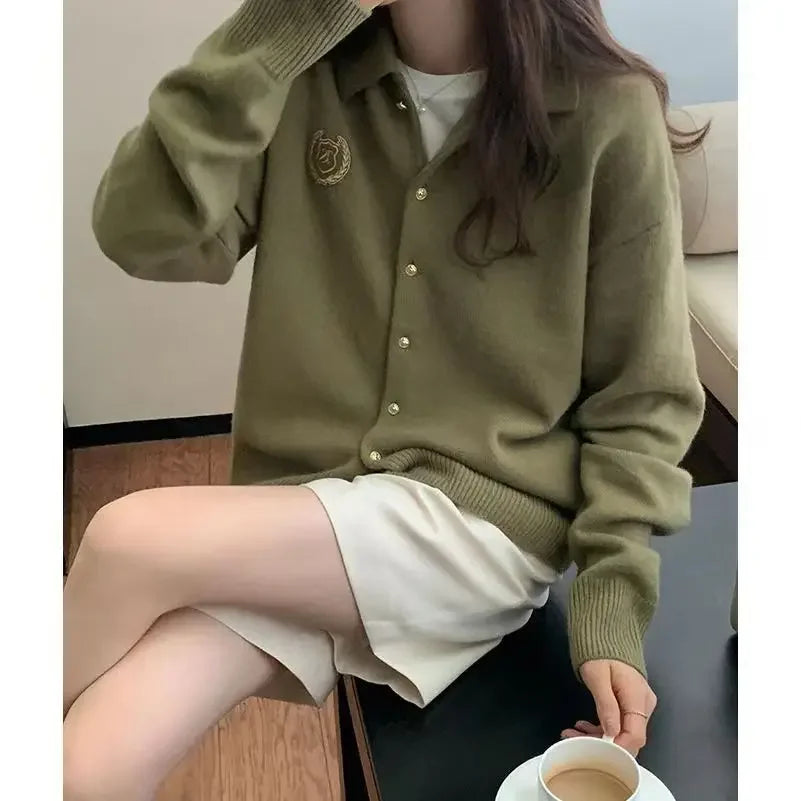 Grey Embroidered Polo Collar Sweater for Women Autumn/Winter Retro Lazy Loose Outerwear High End Knitted Cardigan Women Tops