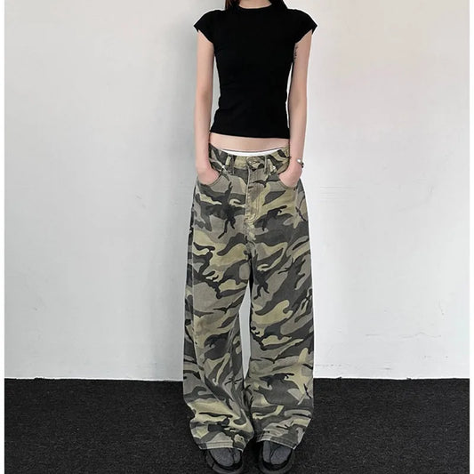 Salopette verte taille basse pour femme, style camouflage, mode américaine, ample, streetwear, jambes larges, pantalon ample et droit