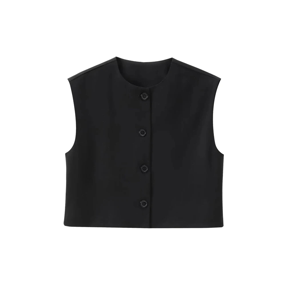 TRAF-Front Button Cropped Waistcoat for Women, O Neck, Sleeveless, Female Outerwear, Chic Tops, Fashion