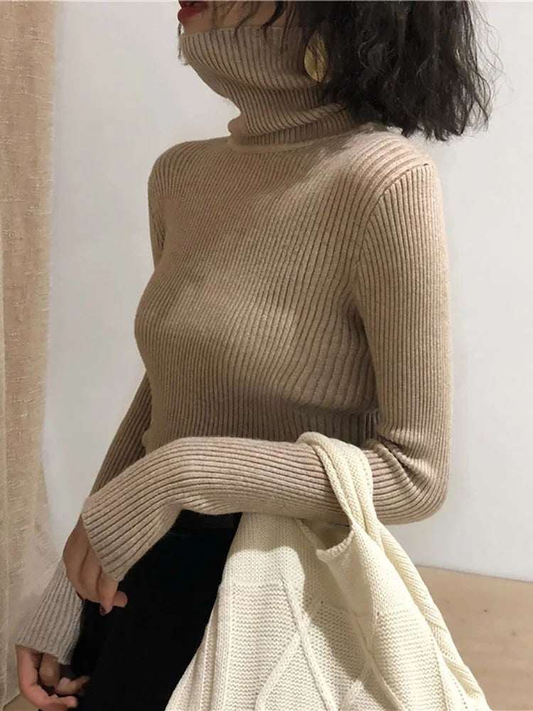 Pull à col roulé pour femme, haut coréen slim, pull tricoté