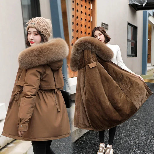 Parka à capuche pour femme, manteau long à la mode, doublure en laine, parka à capuche, slim avec col en fourrure, vêtements chauds pour la neige, vêtements rembourrés