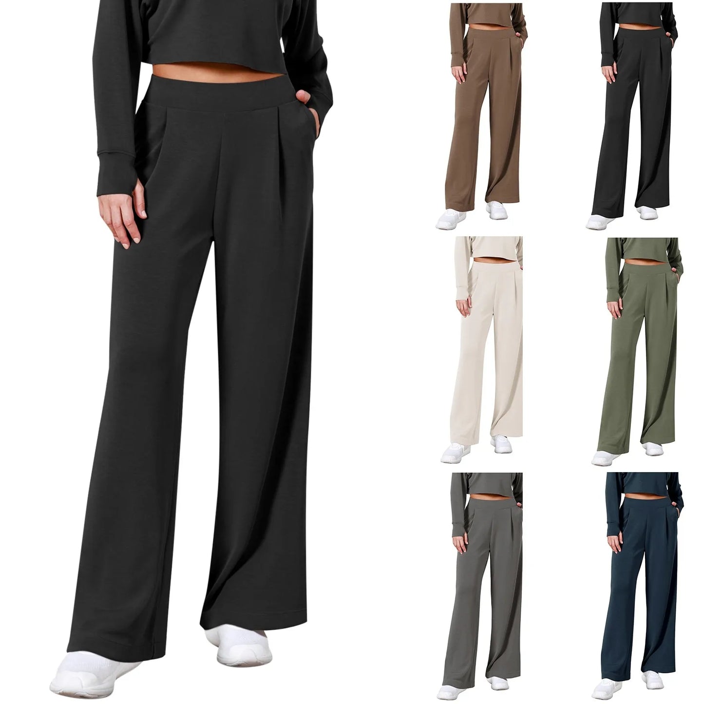 Women's Wide Leg Pants High Elastic Waisted In The Back Business Work Trousers Long Straight Suit Womens Petite Pants Casual