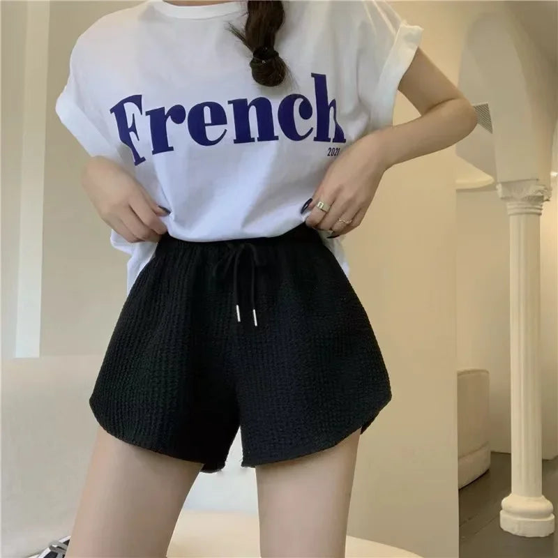 High Elastic Women Shorts Summer Drawstring Shorts Wide Leg Short Fitness Running Shorts Loose Casual Plus Size Sports Pants