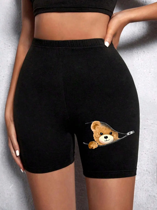 Fashion Women Leggings Short Teddy Bear Appears Funny Graphic Printing Sports Shorts  High Elastic Soft Thin Female Streetwear