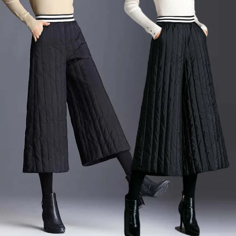 Women's Culotte Pants Oversized Wide Leg Trousers Winter Outer Wear Thick Warm Padded Quilted High Waist Pants