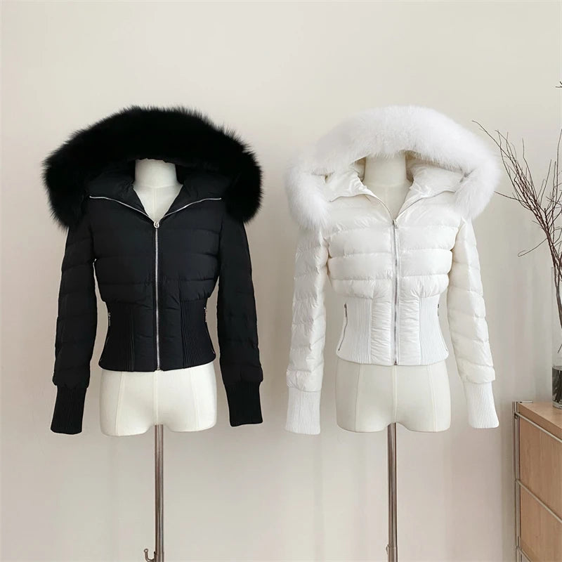 Veste courte d'hiver en vraie fourrure de renard pour femme, duvet d'oie blanche des années 2000, chaude, bouffante, pour l'extérieur, épaisse, courte,