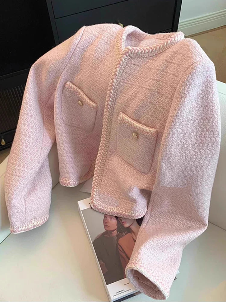 Single Breasted Elegant Cropped Coat Korean Fashion O-Neck Short Outerwear Autumn and Winter New Pink Sweet Tweed Jacket Women