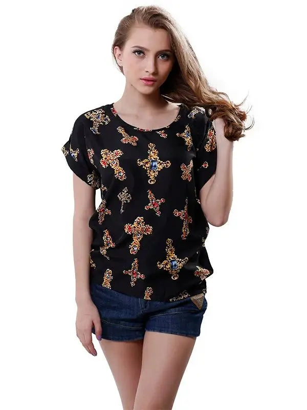 Softu Hot Summer Women's Casual Blouse Shirt Floral Chiffon Print O Neck Short Sleeve Lady's Top Loose Blusas