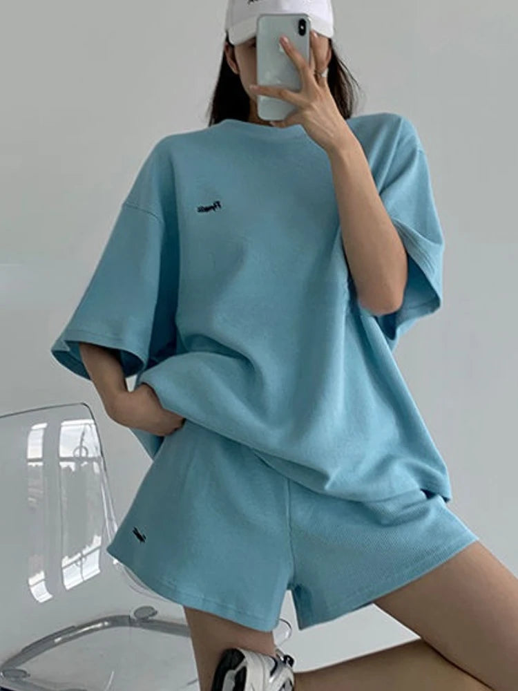 Sporty Style Sets Women BF Leisure Unisex Simple T-shirts Basic Loose Shorts Students Streetwear Couple Harajuku Summer Fashion