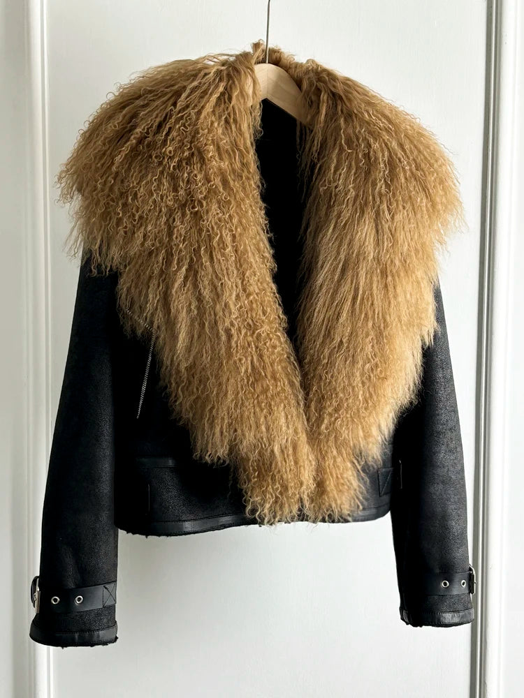 Janveny Luxury Natural Mongolian Sheep Fur Coat Women Winter Short Faux Leather Jacket Female Moto Biker Thick Outwear