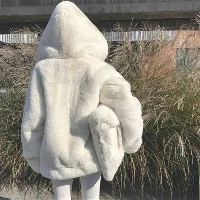 High Quality Quilted Thick Furry Coat Female Autumn And Winter Lamb Plush Imitation Mink Rex Rabbit Fur Coat Women Hooded Jacket