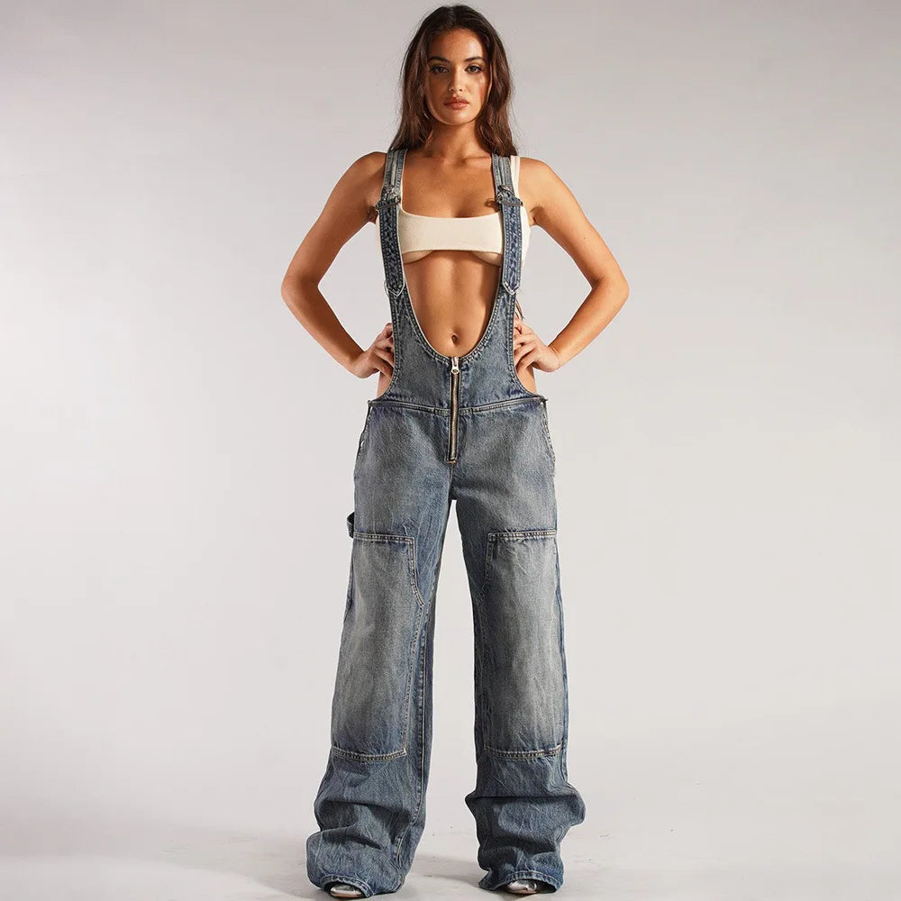 Jumpsuits Women Jeans Overalls Sexy Backless Vintage Full Length Denim Straight Pants Loose Pockets Distressed Washed Casual