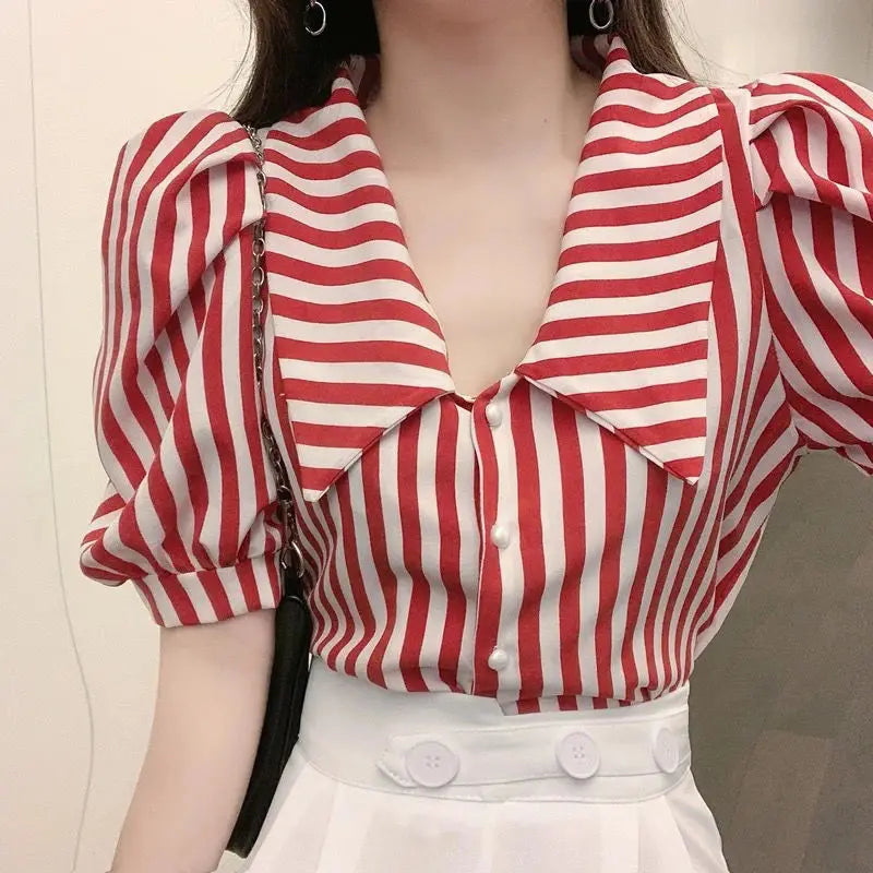 Striped Shirts Women Vintage Elegant Puff Sleeve Summer Office Lady Temper Camisas European Ins Y2k Clothes Designer High Street