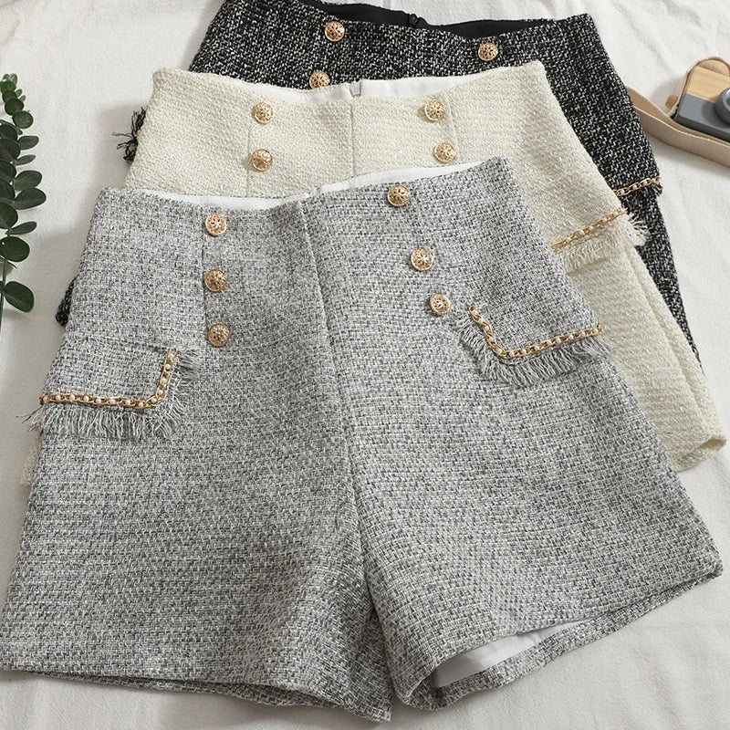 HELIAR Women Casual Office Shorts Tweed High Waist Shorts Buttons A-line Shorts Female Chic Trousers 2024 Spring Summer