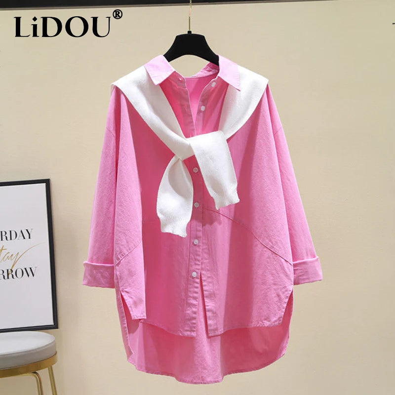 Spring 2022 Female KPOP Fashion Style Cotton Oversized Loose Casual Lapel Buttons Asymmetrical Solid Long Sleeve Shirt Blouse