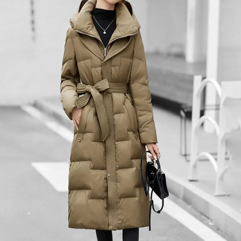 FTLZZ Winter Women White Duck Down Coat Lady Hooded Zipper Long Outwear Casual Thick Warm Solid Coat with Belt