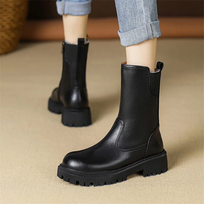 New Winter Genuine Leather Women Boots Shoes for Women Wool Boots High Heels Botines Mujer Platform Shoes Chelsea Snow Boots