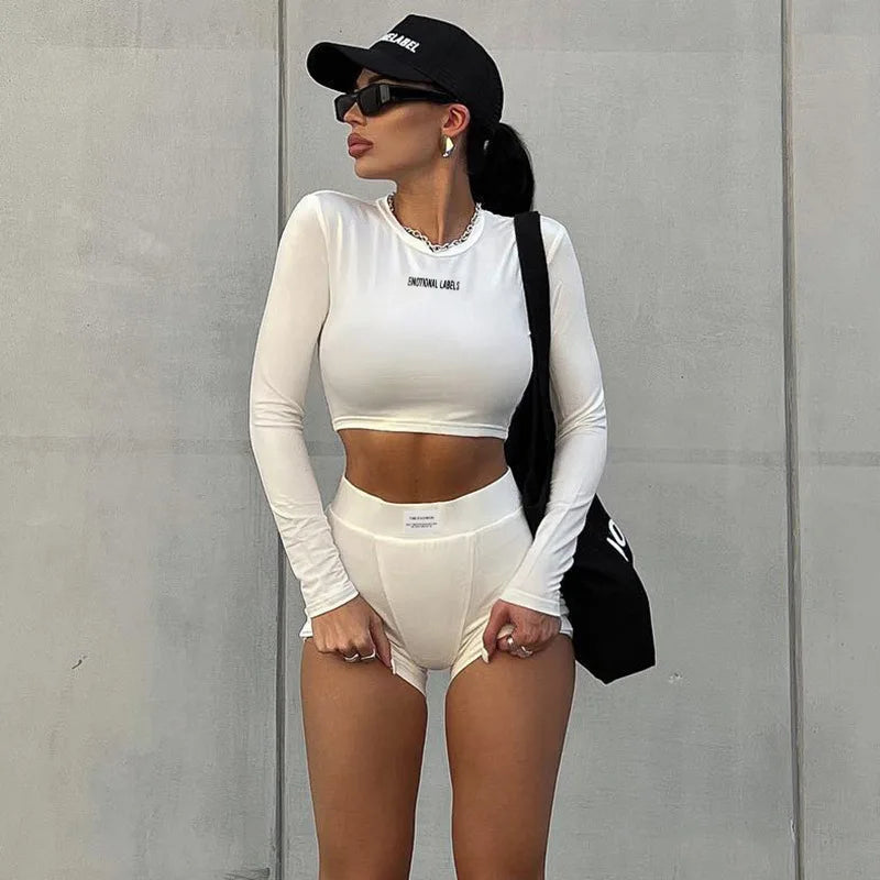 European and American Spring/Summer Round Neck Long Short sleeved 3/4 Shorts Two piece Women's Fashion Sports Versatile Set