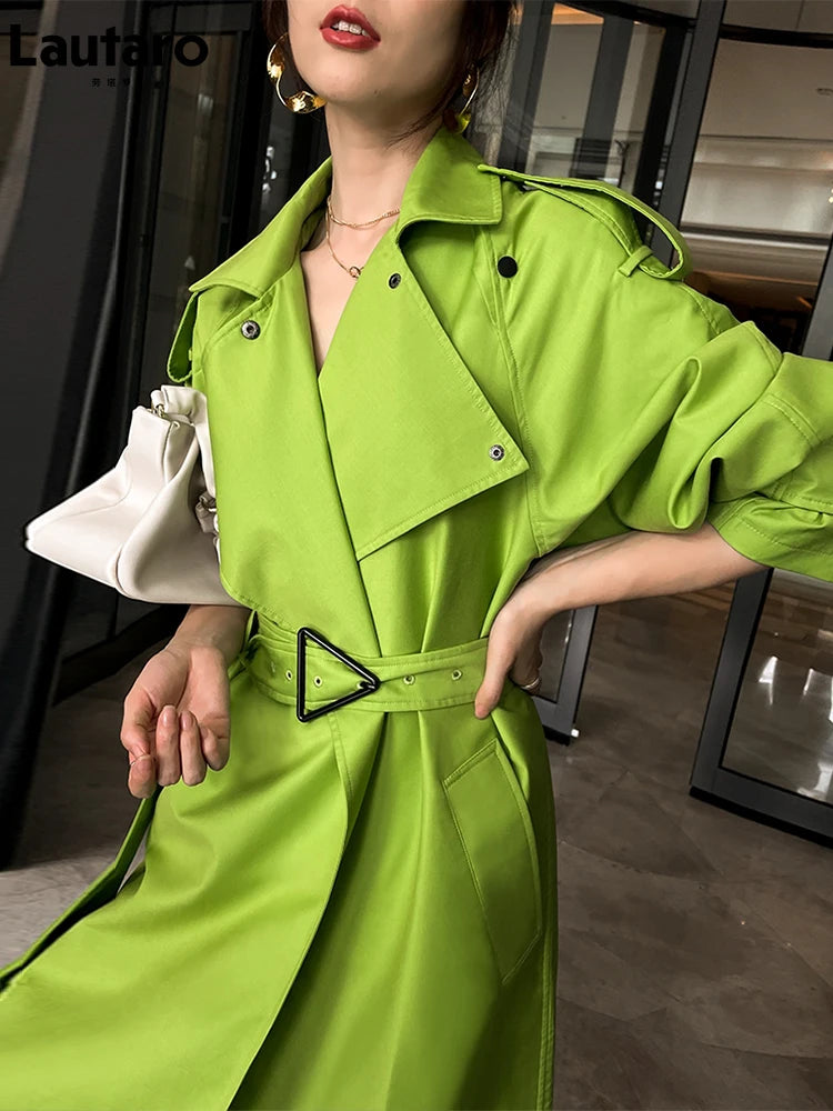 Lautaro Spring Autumn Long Oversized Bright Green Faux Leather Trench Coat for Women Belt Loose Stylish Luxury Designer Clothing