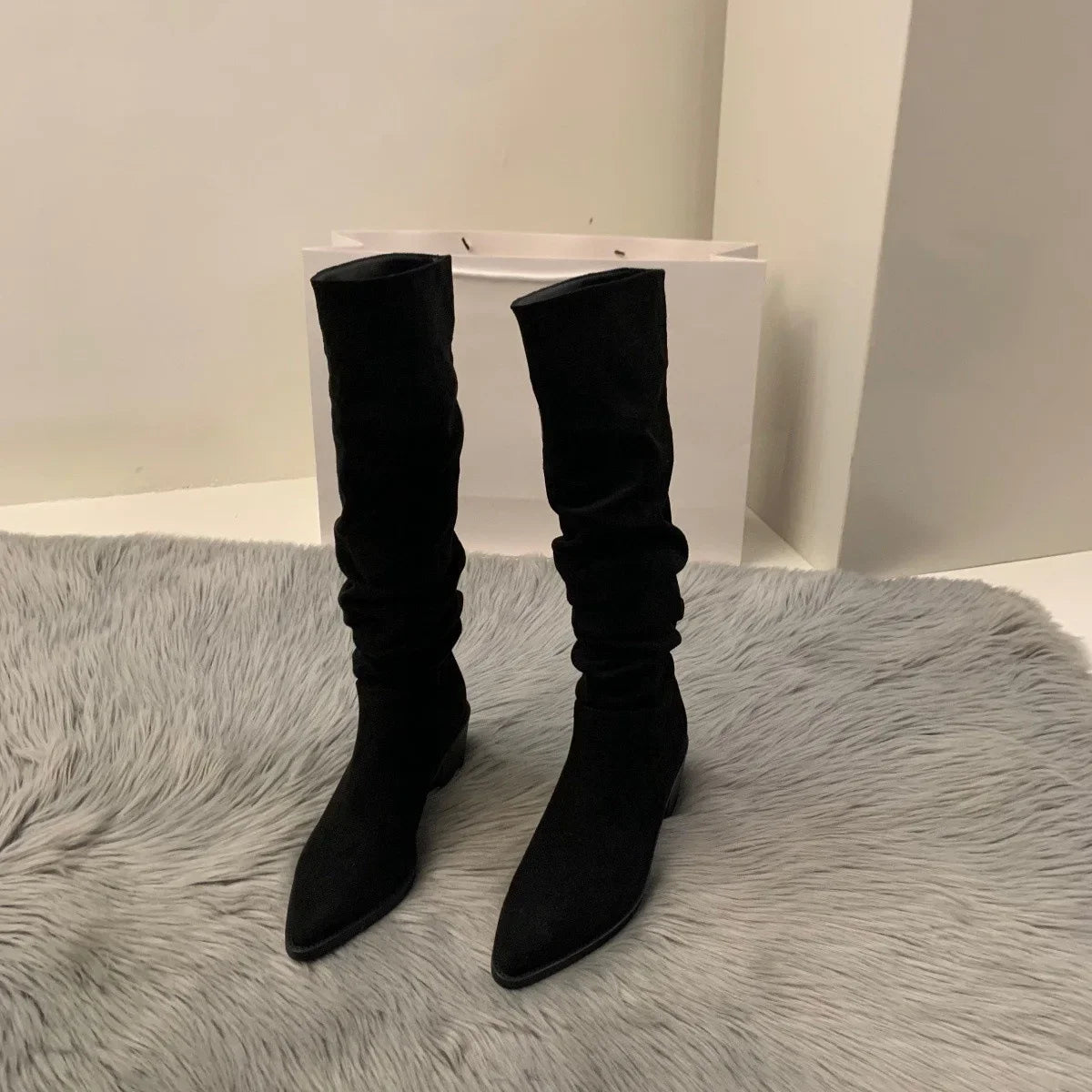 Women's Boots High Heels Long Boots Shoes New Autumn Winter Plush Pointed Anti Slip Wrinkled Fashion Outdoor Knight Boots