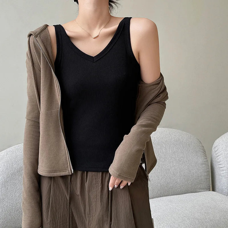 Women Summer Casual Cotton V-Neck Crop Top Basic Sleeveless Solid Slim Knit Camis Underwear Elastic Off Shoulder Sports Tank Top